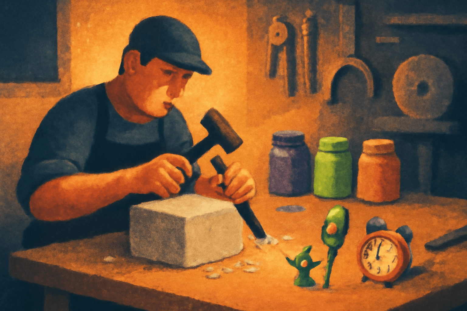 Illustration: a craftsman chiselling a block of stone at a workshop bench