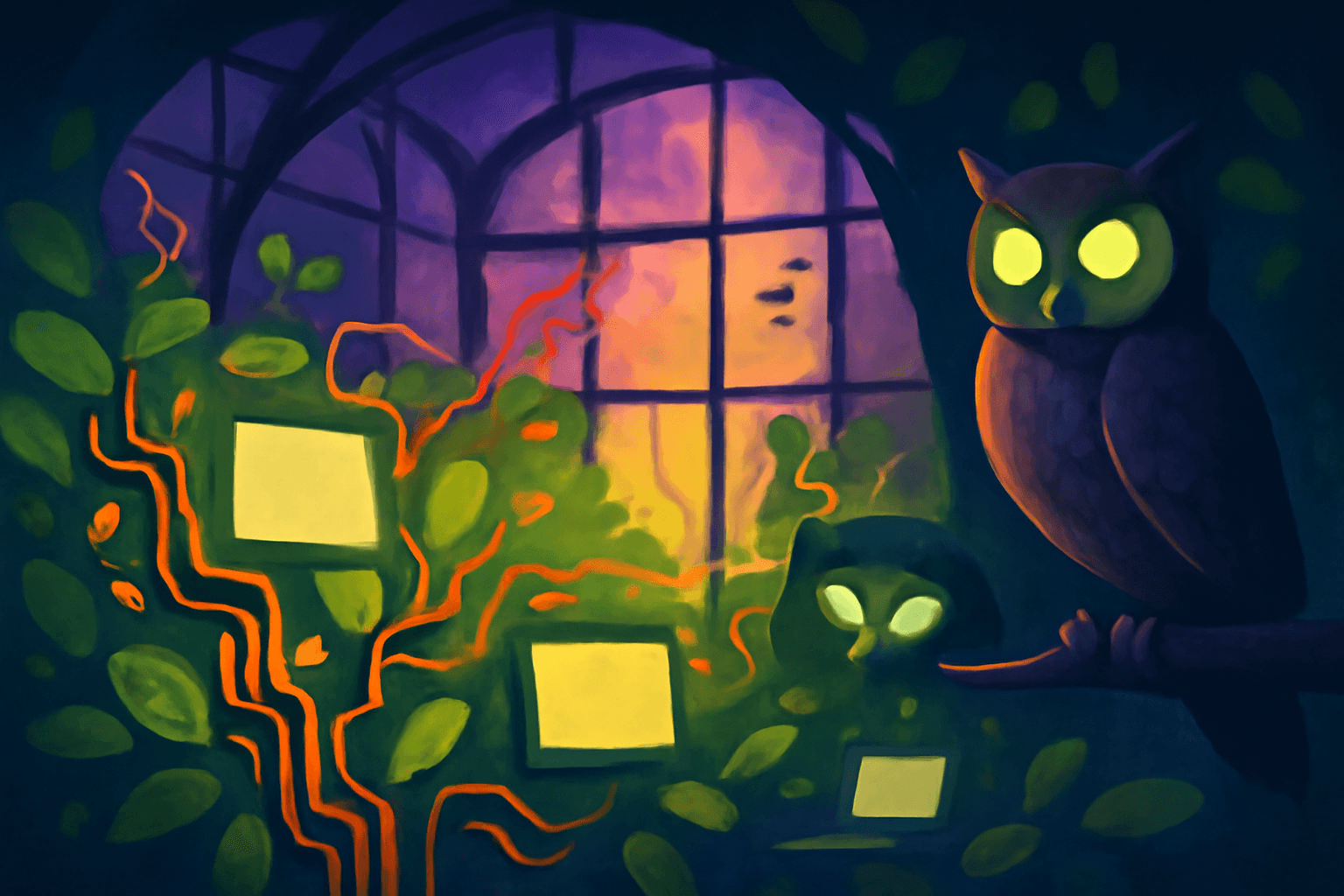 Illustration: an owl with glowing eyes watching glowing screens among leaves and circuit lines