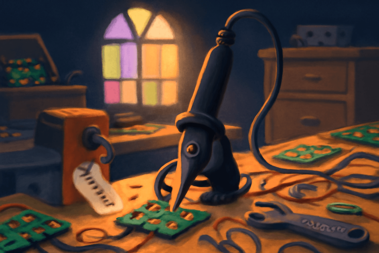 Illustration: a bird-shaped soldering iron pecking at circuit boards on a cluttered workbench